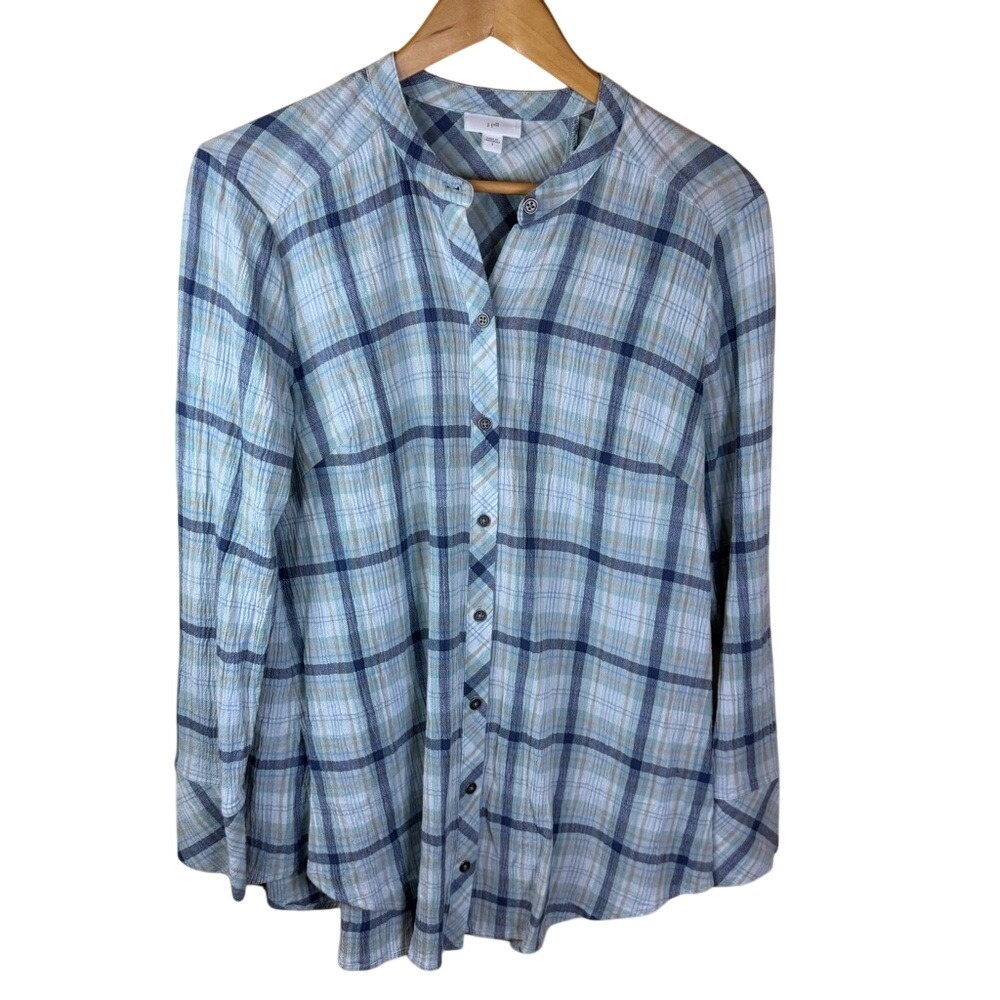 J.Jill Blue Plaid Button Front Top Blouse Size Small Long Sleeve Cotton Blend